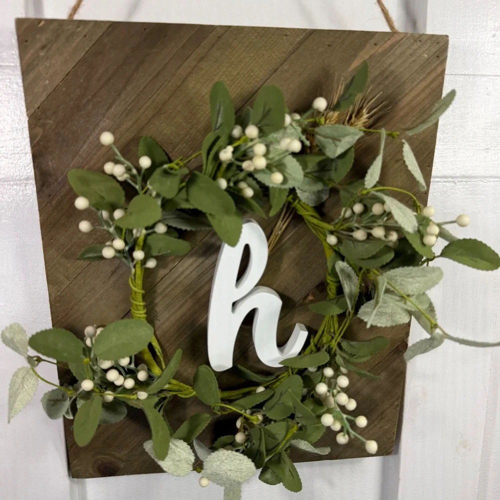Rustic Handmade Wood Wall Plaque Monogram Letter H Faux Greenery Wreath